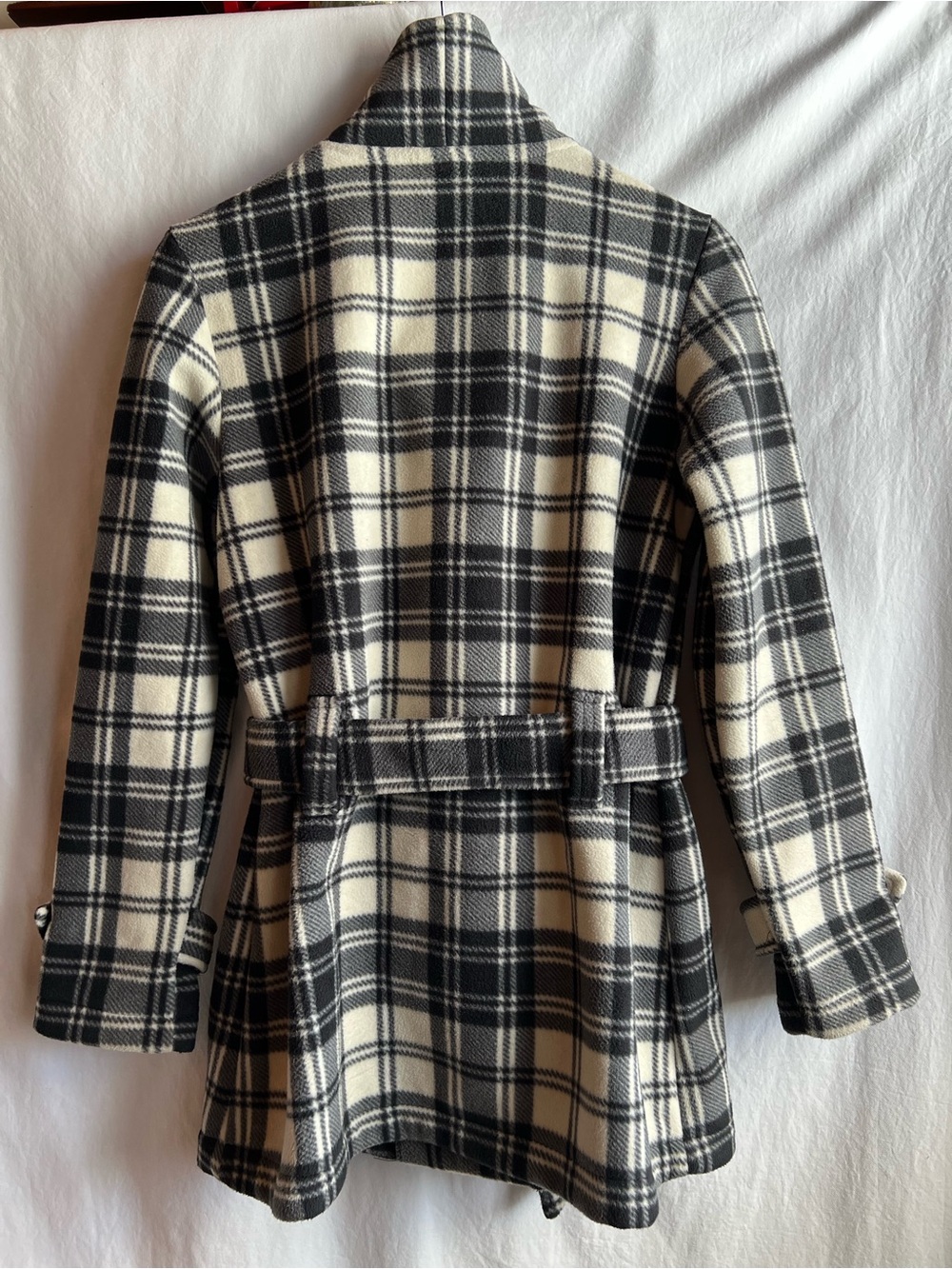 Lady Hathaway Plaid Coat Large Black White Belted Double Breasted Peacoat - Picture 8 of 9